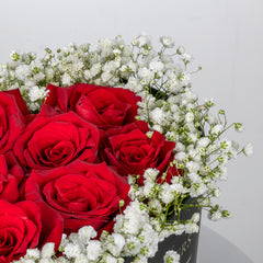 Heart Shape Box Arrangement-Red Rose With Gypso Red