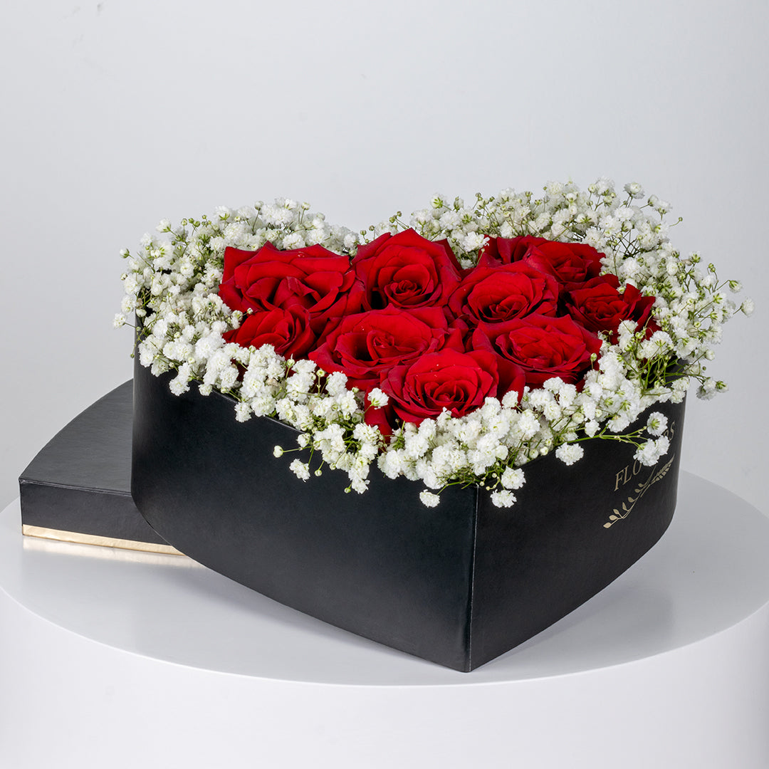 Heart Shape Box Arrangement-Red Rose With Gypso Red