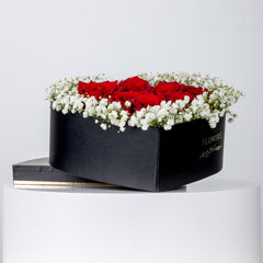 Heart Shape Box Arrangement-Red Rose With Gypso Red
