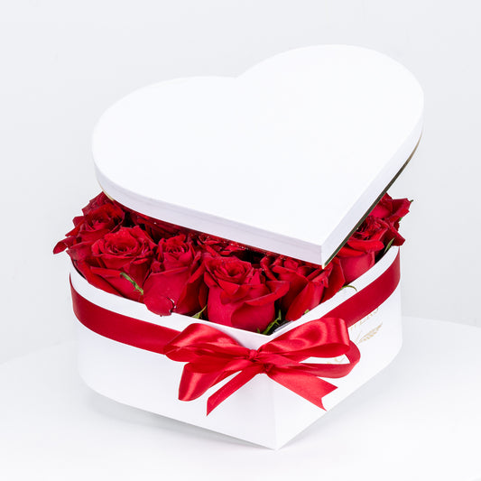 Heart Shape white Box Arrangement Red